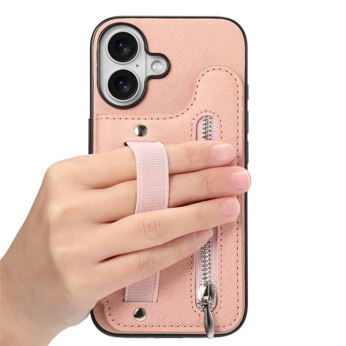 For iPhone 16 Case RFID Blocking Card Holder Jeans Cloth Texture Leather Back Cover with Elastic Wristband - Pink - 4