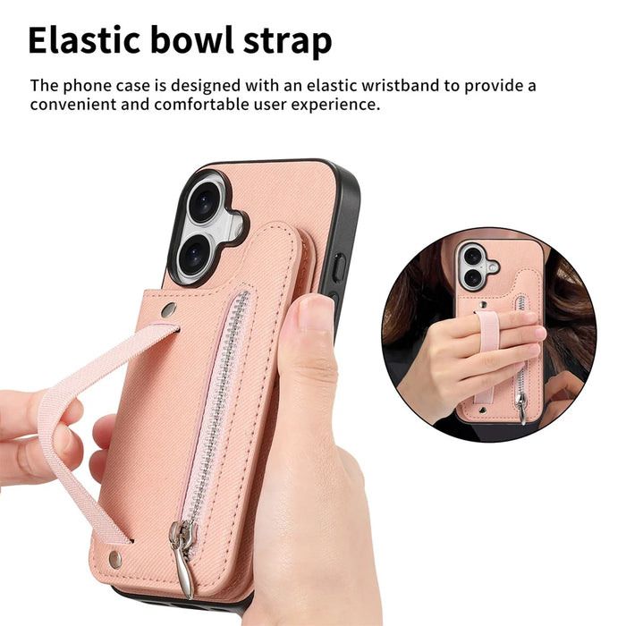 For iPhone 16 Case RFID Blocking Card Holder Jeans Cloth Texture Leather Back Cover with Elastic Wristband - Pink - 5
