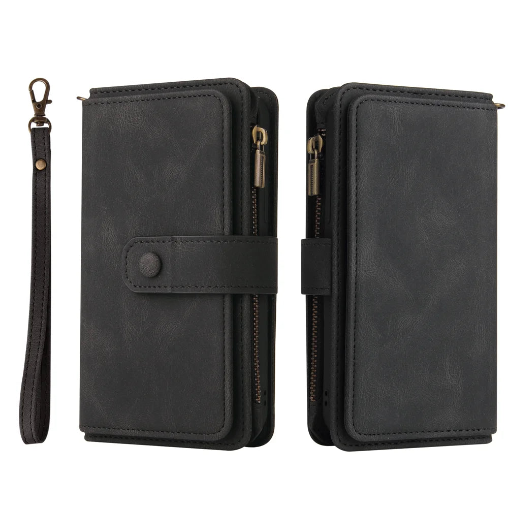 For iPhone SE (2020) / iPhone SE (2022) / iPhone 7 4.7 inch / iPhone 8 4.7 inch Zipper Wallet Case with 15 Card Slots and Strap Leather Phone Cover - Black - 1