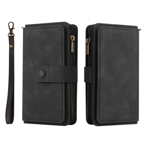 For iPhone SE (2020) / iPhone SE (2022) / iPhone 7 4.7 inch / iPhone 8 4.7 inch Zipper Wallet Case with 15 Card Slots and Strap Leather Phone Cover - Black - 1