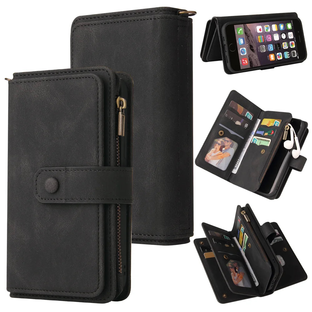 For iPhone SE (2020) / iPhone SE (2022) / iPhone 7 4.7 inch / iPhone 8 4.7 inch Zipper Wallet Case with 15 Card Slots and Strap Leather Phone Cover - Black - 2