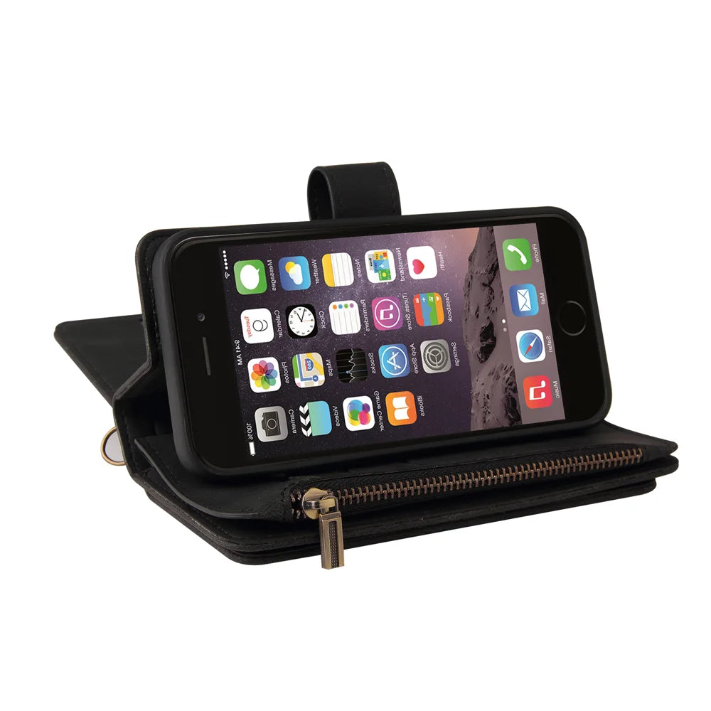For iPhone SE (2020) / iPhone SE (2022) / iPhone 7 4.7 inch / iPhone 8 4.7 inch Zipper Wallet Case with 15 Card Slots and Strap Leather Phone Cover - Black - 6