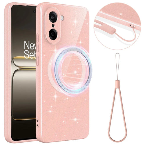 For OnePlus Nord CE5 5G  /  Ace 5 Racing 5G Magnetic Case Glitter TPU Shockproof Phone Cover with Lanyard - Pink - 1