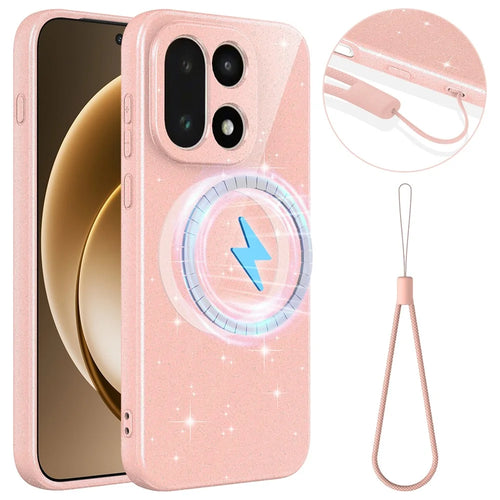 For OnePlus 15 5G Magnetic Case Glitter TPU Shockproof Phone Cover with Lanyard - Pink - 1
