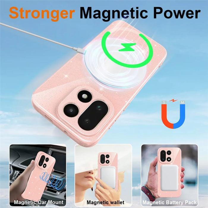 For OnePlus 15 5G Magnetic Case Glitter TPU Shockproof Phone Cover with Lanyard - Pink - 4