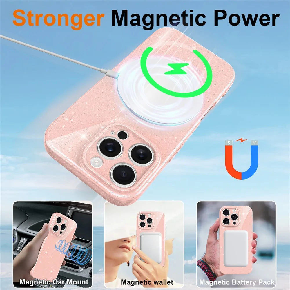 For iPhone 16 Pro Magnetic Case Glitter TPU Shockproof Phone Cover with Lanyard Compatible with MagSafe - Pink - 4