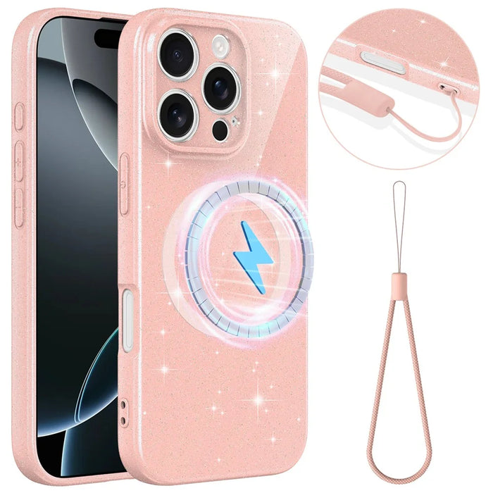 For iPhone 16 Pro Max Magnetic Case Glitter TPU Shockproof Phone Cover with Lanyard Compatible with MagSafe - Pink - 1