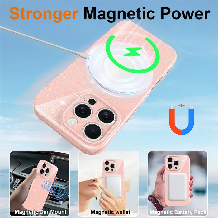 For iPhone 16 Pro Max Magnetic Case Glitter TPU Shockproof Phone Cover with Lanyard Compatible with MagSafe - Pink - 4