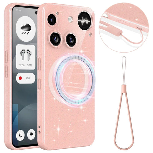 For Nothing Phone (3) 5G Magnetic Case Glitter TPU Shockproof Phone Cover with Lanyard - Pink - 1