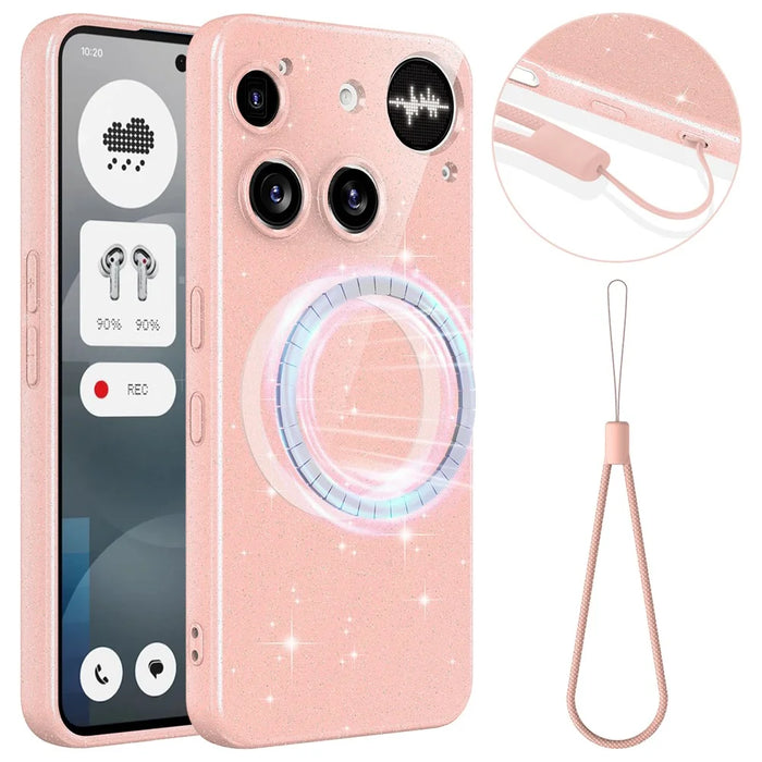 For Nothing Phone (3) 5G Magnetic Case Glitter TPU Shockproof Phone Cover with Lanyard - Pink - 1