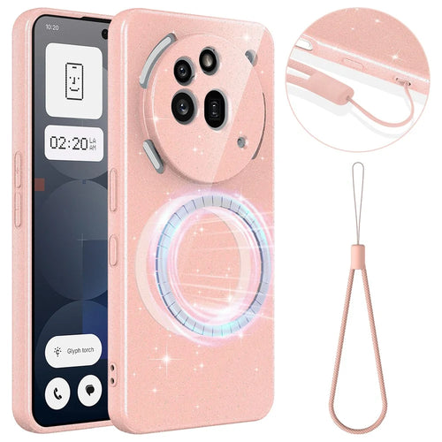 For Nothing Phone (3a) Pro Magnetic Case Glitter TPU Shockproof Phone Cover with Lanyard - Pink - 1