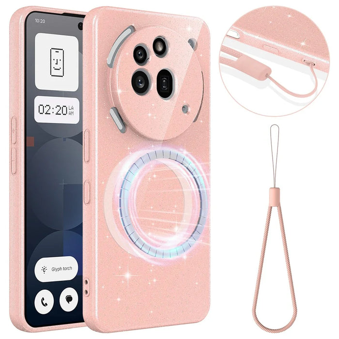 For Nothing Phone (3a) Pro Magnetic Case Glitter TPU Shockproof Phone Cover with Lanyard - Pink - 1