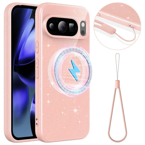 For Google Pixel 10 Pro XL Magnetic Case Glitter TPU Shockproof Phone Cover with Lanyard - Pink - 1