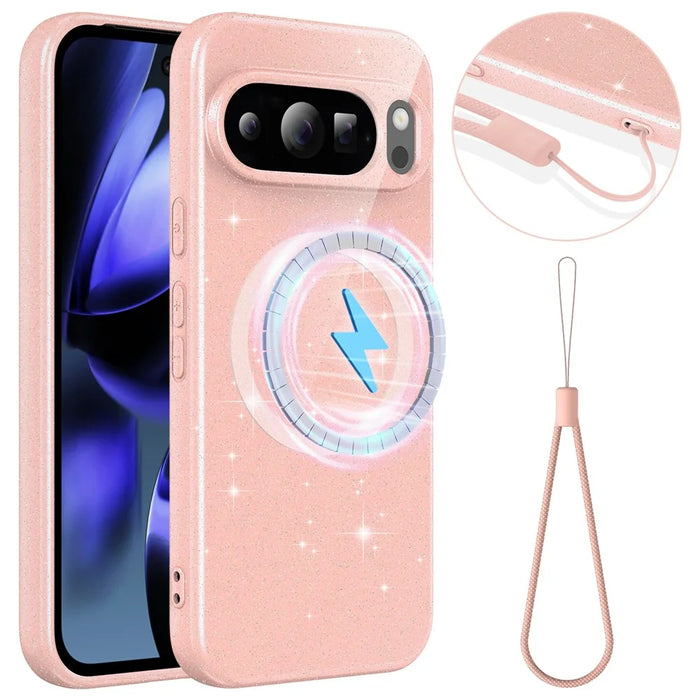 For Google Pixel 10 Pro XL Magnetic Case Glitter TPU Shockproof Phone Cover with Lanyard - Pink - 1