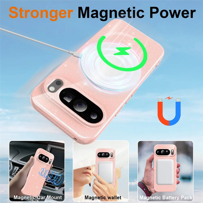 For Google Pixel 10 Pro XL Magnetic Case Glitter TPU Shockproof Phone Cover with Lanyard - Pink - 4