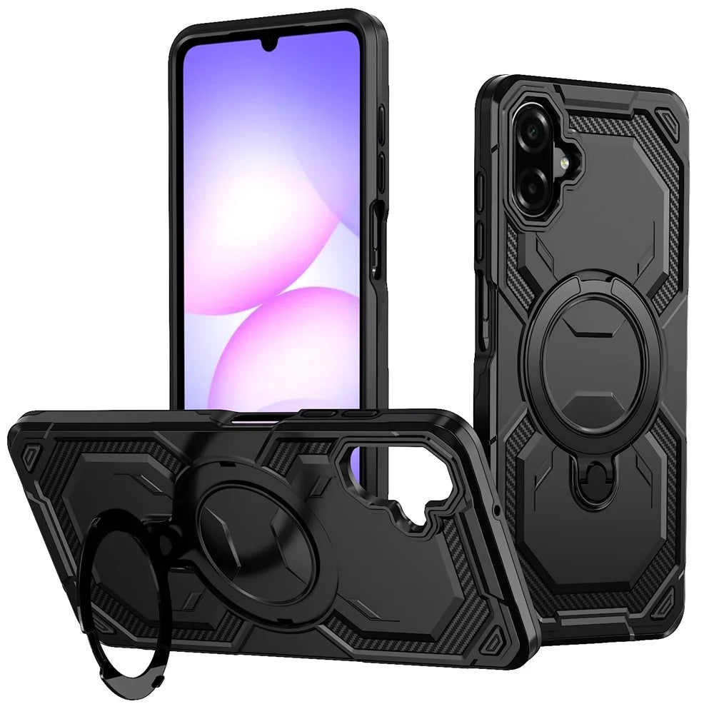 For Samsung Galaxy A08 5G / A07 4G Magnetic Case Ring Kickstand PC + TPU Hybrid Phone Cover - Black - 1