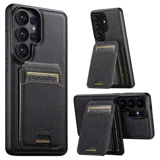 SUTENI H16 For Samsung Galaxy S26 Ultra Magnetic Case Detachable Card Holder Kickstand Litchi Texture PU Leather TPU Phone Cover - Black - 1