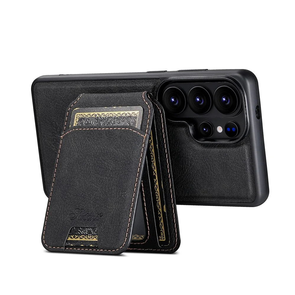 SUTENI H16 For Samsung Galaxy S26 Ultra Magnetic Case Detachable Card Holder Kickstand Litchi Texture PU Leather TPU Phone Cover - Black - 3