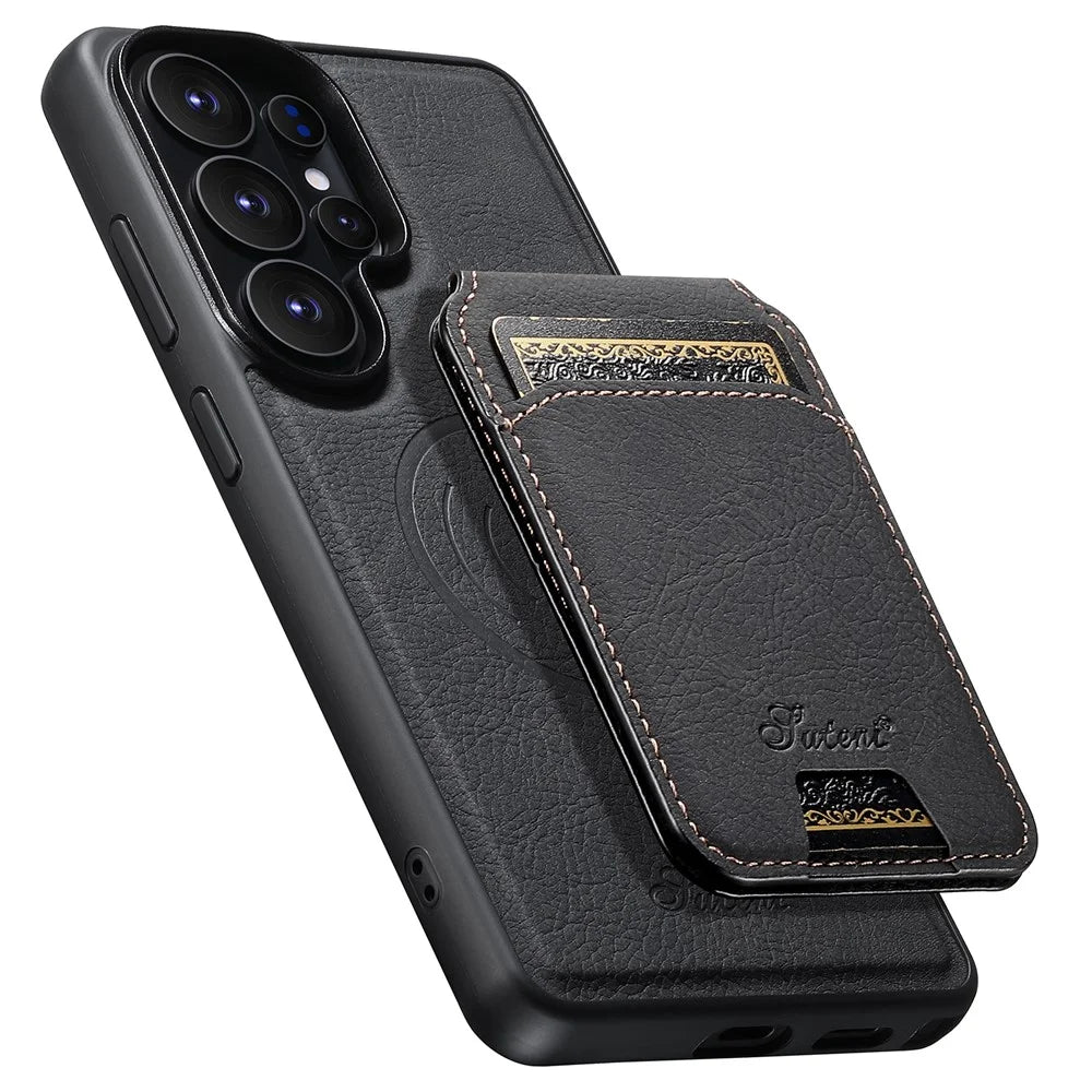 SUTENI H16 For Samsung Galaxy S26 Ultra Magnetic Case Detachable Card Holder Kickstand Litchi Texture PU Leather TPU Phone Cover - Black - 4