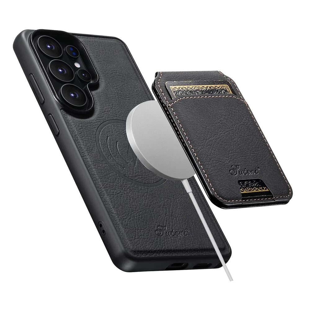 SUTENI H16 For Samsung Galaxy S26 Ultra Magnetic Case Detachable Card Holder Kickstand Litchi Texture PU Leather TPU Phone Cover - Black - 5