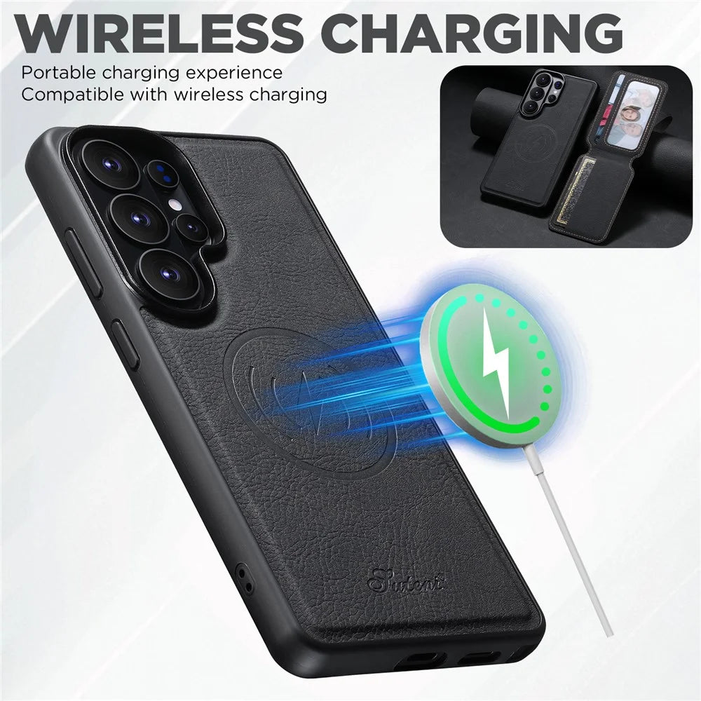 SUTENI H16 For Samsung Galaxy S26 Ultra Magnetic Case Detachable Card Holder Kickstand Litchi Texture PU Leather TPU Phone Cover - Black - 6