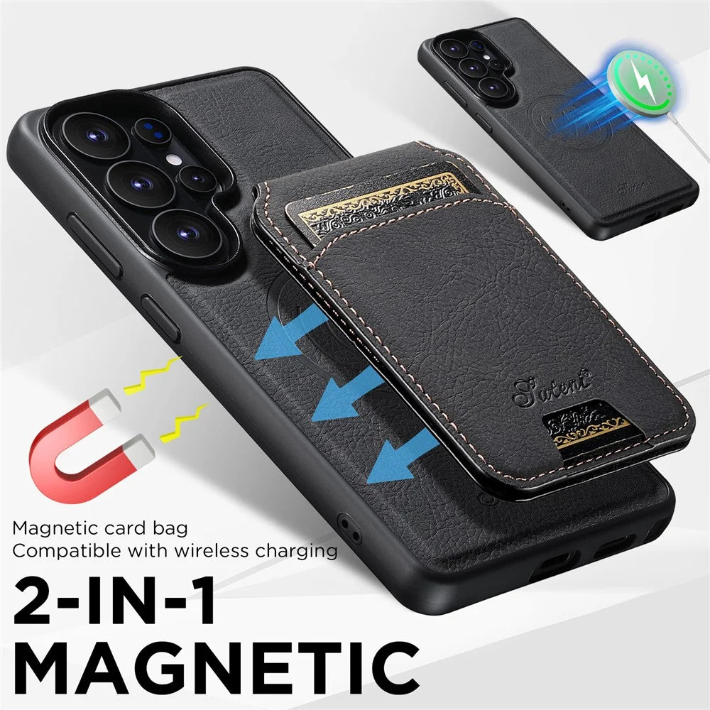 SUTENI H16 For Samsung Galaxy S26 Ultra Magnetic Case Detachable Card Holder Kickstand Litchi Texture PU Leather TPU Phone Cover - Black - 7