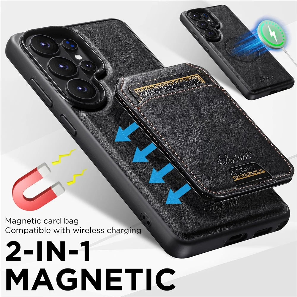 SUTENI H15 For Samsung Galaxy S26 Ultra Magnetic Case Detachable Card Holder Waxy Texture PU Leather TPU Phone Cover - Black - 5