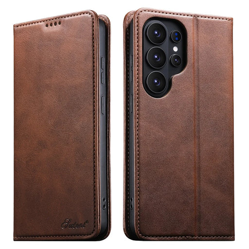 SUTENI for Samsung Galaxy S26 Ultra Calf Texture Leather Case Wallet Magnetic Closure - Brown - 1