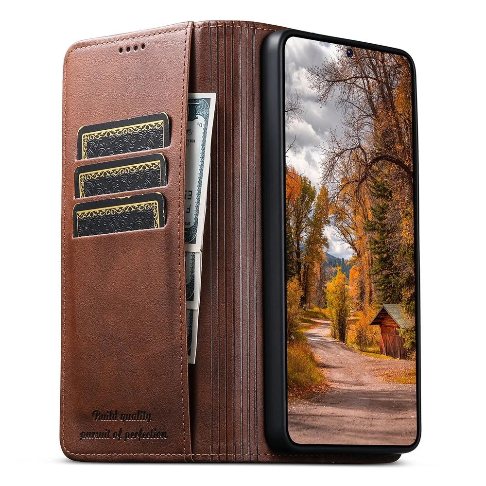 SUTENI for Samsung Galaxy S26 Ultra Calf Texture Leather Case Wallet Magnetic Closure - Brown - 2