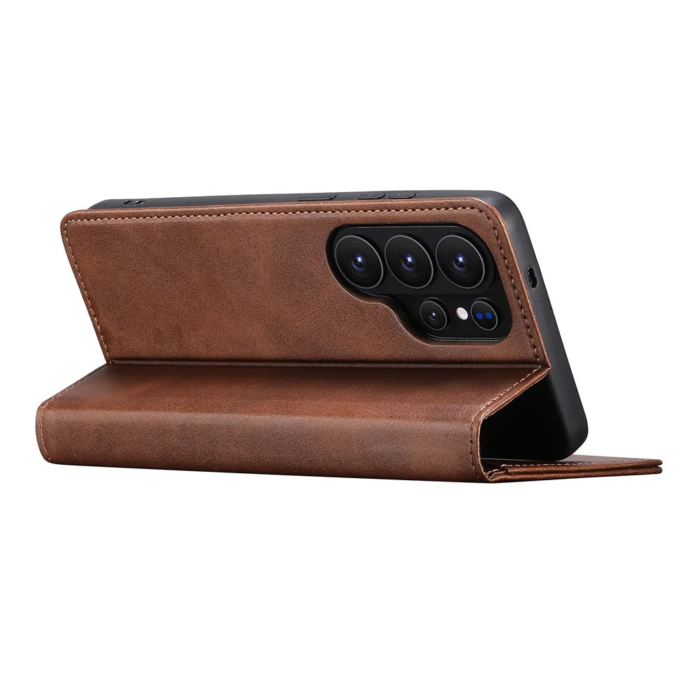 SUTENI for Samsung Galaxy S26 Ultra Calf Texture Leather Case Wallet Magnetic Closure - Brown - 3