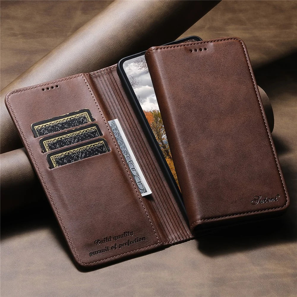 SUTENI for Samsung Galaxy S26 Ultra Calf Texture Leather Case Wallet Magnetic Closure - Brown - 4
