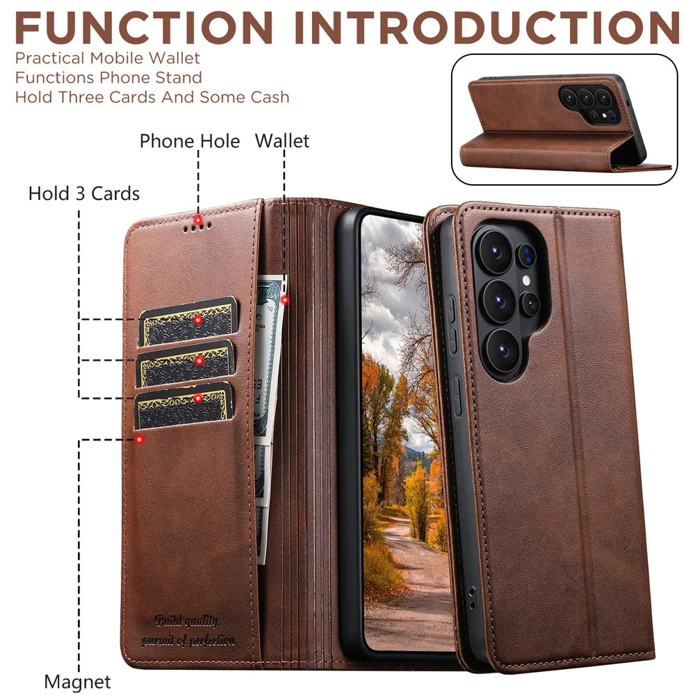 SUTENI for Samsung Galaxy S26 Ultra Calf Texture Leather Case Wallet Magnetic Closure - Brown - 6