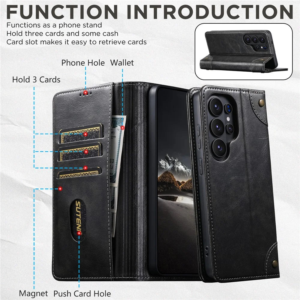 SUTENI For Samsung Galaxy S26 Ultra Case PU Leather Stand Wallet Phone Cover - Black - 5