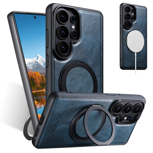 SUTENI G3 For Samsung Galaxy S26 Ultra Magnetic Case Waxy Texture Rotating Kickstand Leather Phone Back Cover - Blue - 1