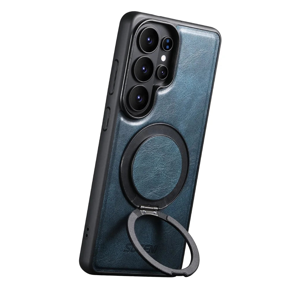 SUTENI G3 For Samsung Galaxy S26 Ultra Magnetic Case Waxy Texture Rotating Kickstand Leather Phone Back Cover - Blue - 2