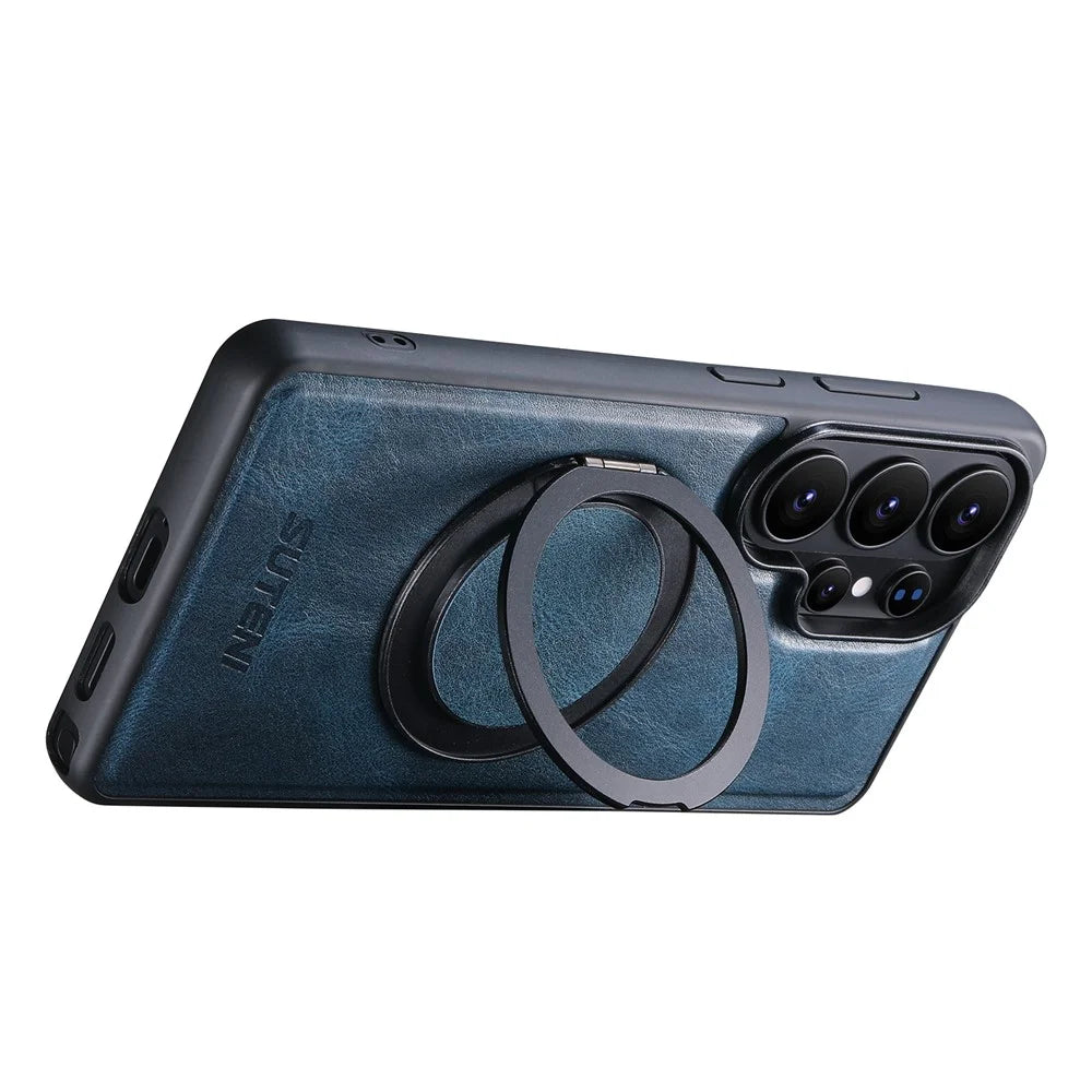 SUTENI G3 For Samsung Galaxy S26 Ultra Magnetic Case Waxy Texture Rotating Kickstand Leather Phone Back Cover - Blue - 3