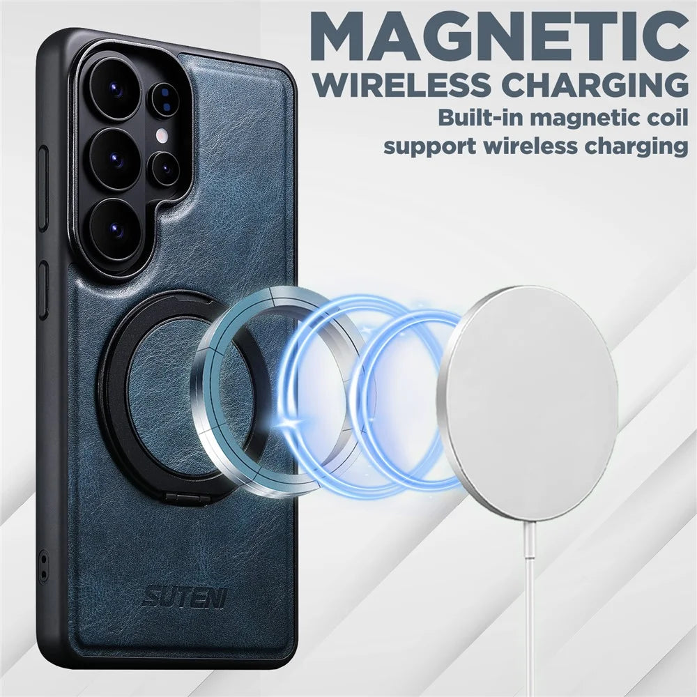 SUTENI G3 For Samsung Galaxy S26 Ultra Magnetic Case Waxy Texture Rotating Kickstand Leather Phone Back Cover - Blue - 4