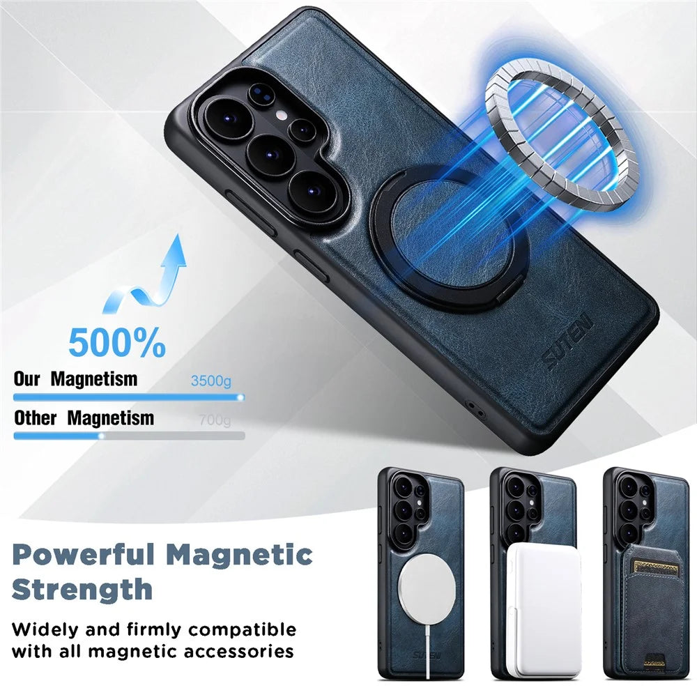 SUTENI G3 For Samsung Galaxy S26 Ultra Magnetic Case Waxy Texture Rotating Kickstand Leather Phone Back Cover - Blue - 5