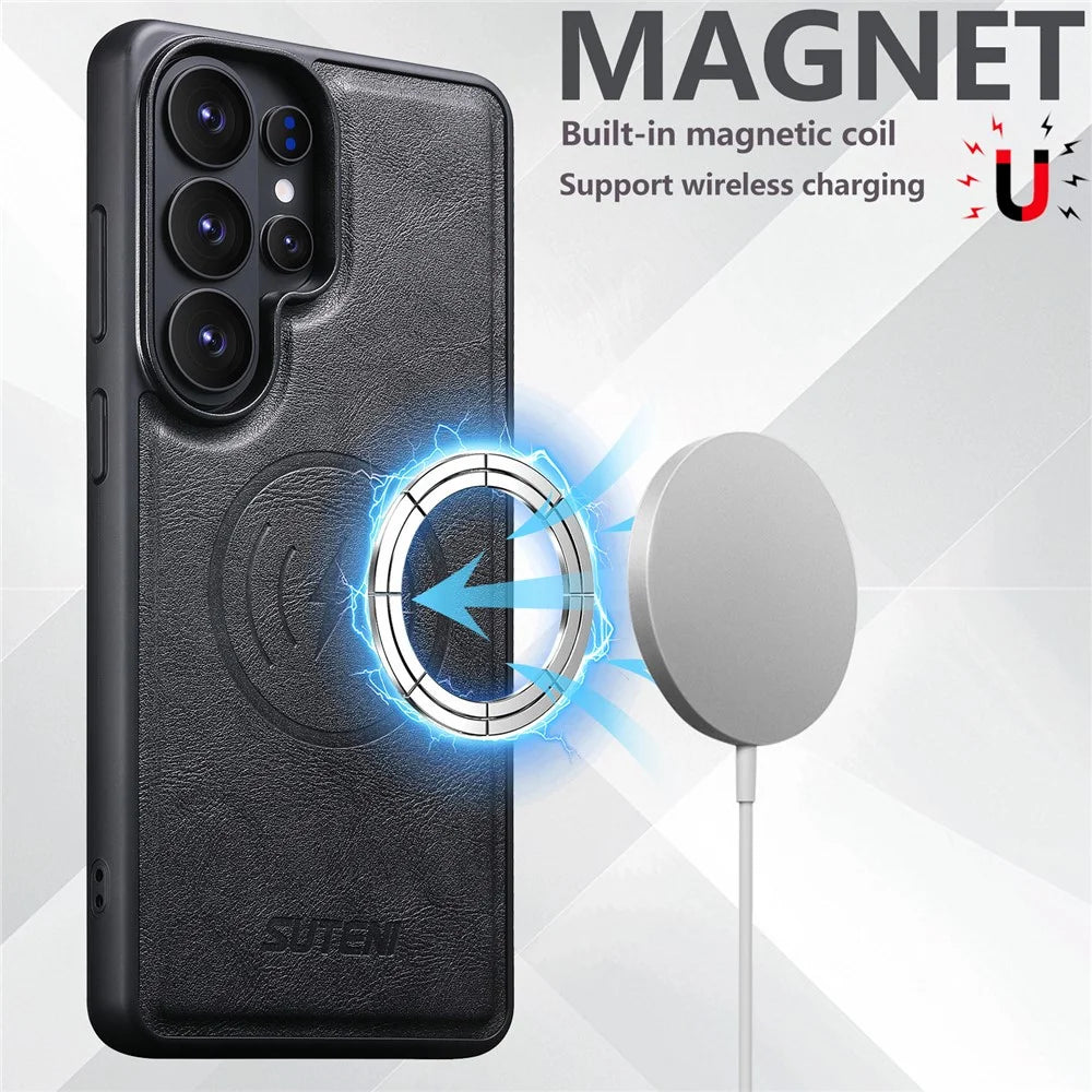 SUTENI G5 For Samsung Galaxy S26 Ultra Magnetic Case Cowhide Texture Leather Back Cover - Black - 4