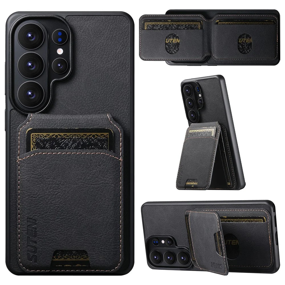 SUTENI H02 For Samsung Galaxy S26 Ultra Case Card Slots Kickstand Litchi Texture Leather + TPU Cover - Black - 1