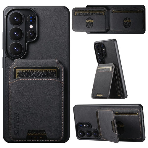 SUTENI H02 For Samsung Galaxy S26 Ultra Case Card Slots Kickstand Litchi Texture Leather + TPU Cover - Black - 1