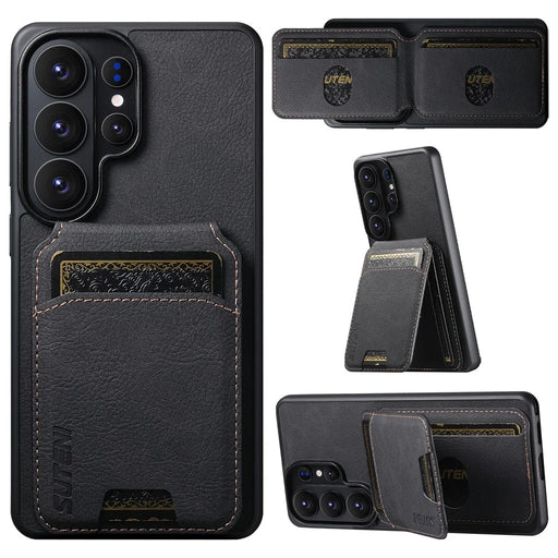 SUTENI H02 For Samsung Galaxy S26 Ultra Case Card Slots Kickstand Litchi Texture Leather + TPU Cover - Black - 1