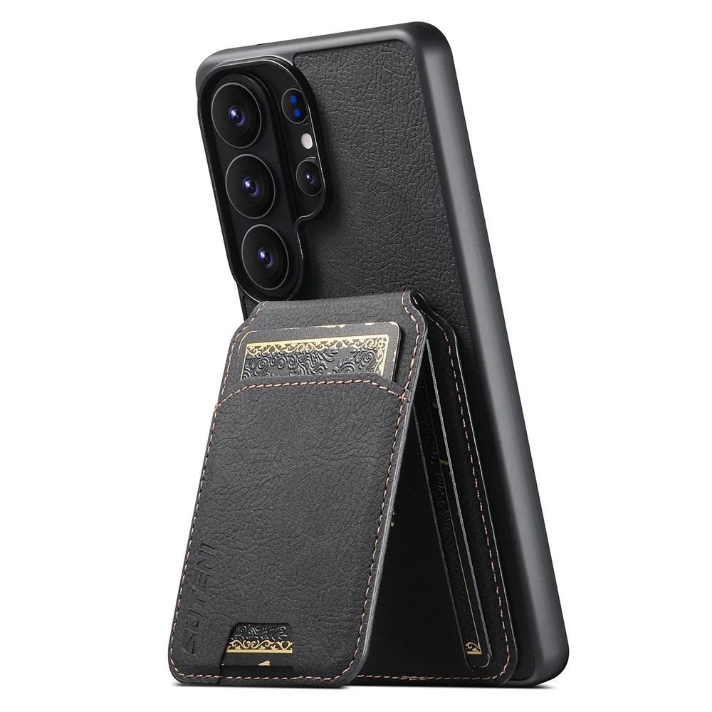 SUTENI H02 For Samsung Galaxy S26 Ultra Case Card Slots Kickstand Litchi Texture Leather + TPU Cover - Black - 2