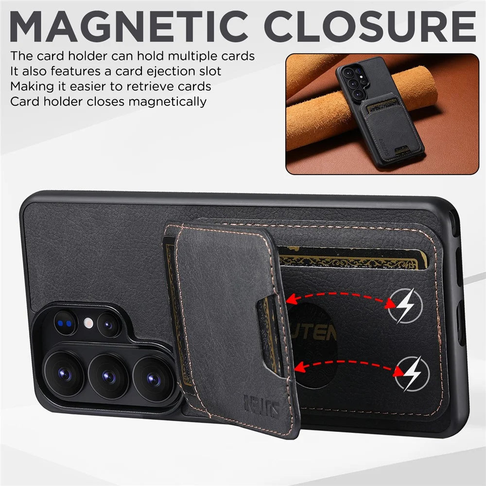 SUTENI H02 For Samsung Galaxy S26 Ultra Case Card Slots Kickstand Litchi Texture Leather + TPU Cover - Black - 7