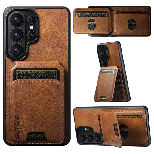 SUTENI H02 For Samsung Galaxy S26 Ultra Case Waxy Texture Leather + TPU Card Slots Kickstand Phone Cover - Brown - 1