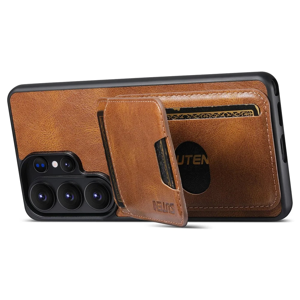 SUTENI H02 For Samsung Galaxy S26 Ultra Case Waxy Texture Leather + TPU Card Slots Kickstand Phone Cover - Brown - 3