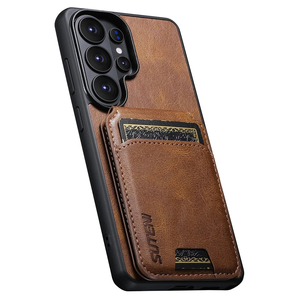 SUTENI H02 For Samsung Galaxy S26 Ultra Case Waxy Texture Leather + TPU Card Slots Kickstand Phone Cover - Brown - 5