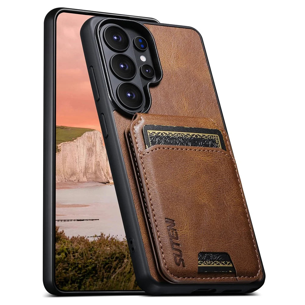 SUTENI H02 For Samsung Galaxy S26 Ultra Case Waxy Texture Leather + TPU Card Slots Kickstand Phone Cover - Brown - 6