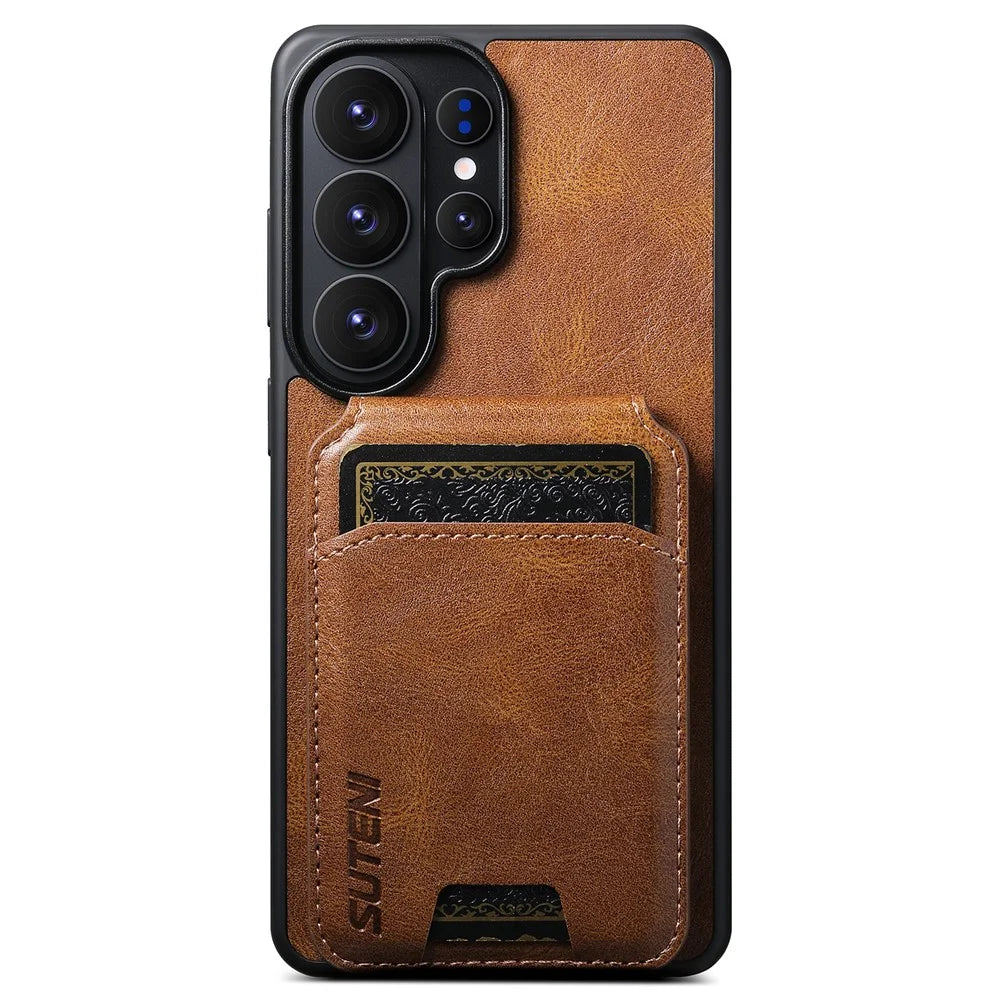 SUTENI H02 For Samsung Galaxy S26 Ultra Case Waxy Texture Leather + TPU Card Slots Kickstand Phone Cover - Brown - 7