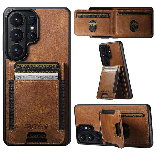 SUTENI H03 For Samsung Galaxy S26 Ultra Case Card Holder Waxy Texture Leather + TPU Phone Cover - Brown - 1